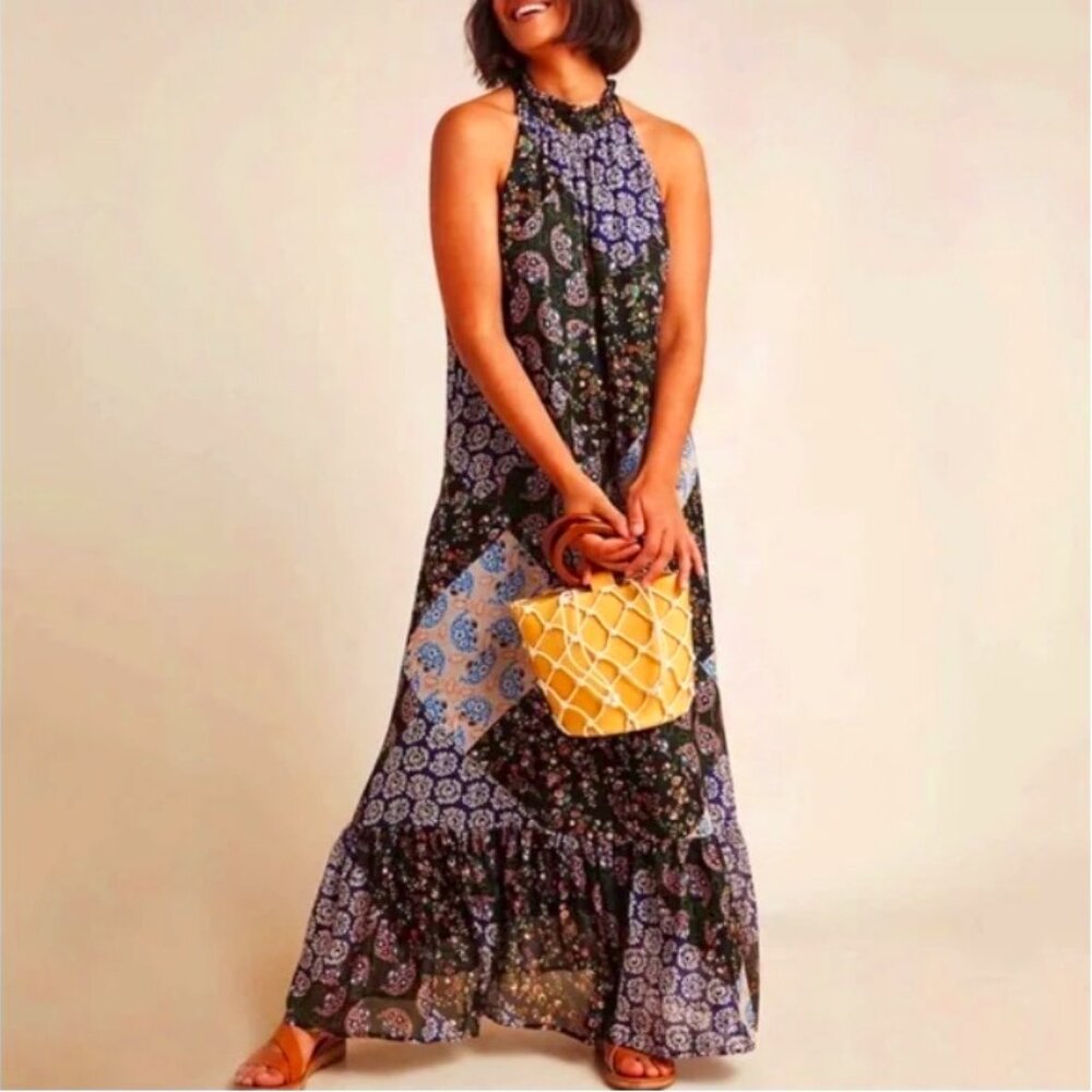 Anthropologie Katrina Elegant Black and Blue Halter Maxi Sundress Sz 1X Weddings